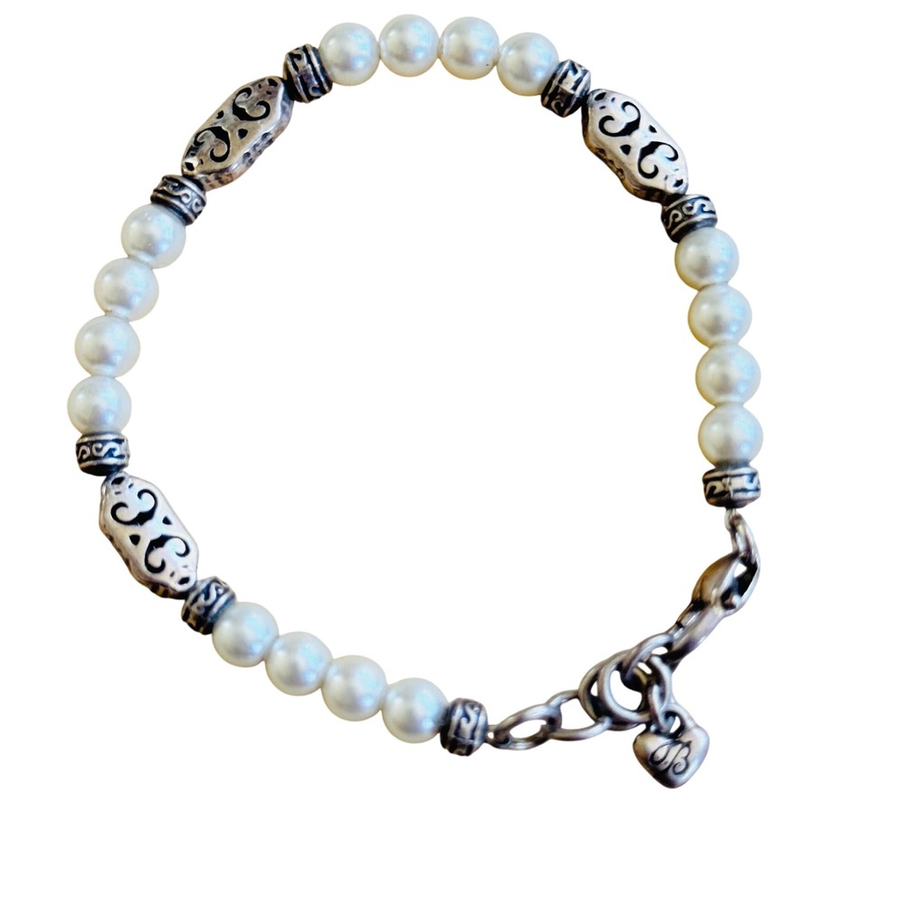 Brighton Vintage Scroll Freshwater Pearl Bracelet Silver Plated Beaded‎ 7"